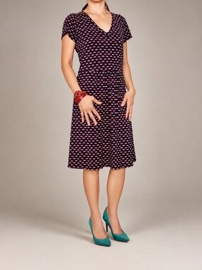 Boden Navy Pink Print Fit & Flare Dress | US 8 / UK 12R